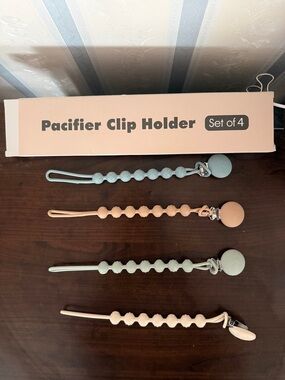 Pacifier Clip Holder Set of 4 - Mint & Beige Silicone Beaded Clips